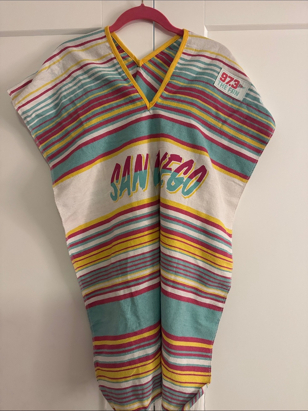 Kids San Diego Striped Hooded One-Piece Poncho - Teal, Yellow & Pink